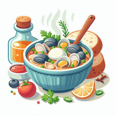 Seafood soup with clams, mussels and tomatoes in bowl. Vector illustrationのイラスト素材
