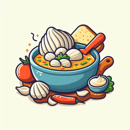 Curry soup with dumplings. Vector illustration in cartoon style.のイラスト素材