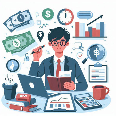 Businessman working at office desk with laptop, calculator, documents, coffee cup and money. Flat vector illustration.のイラスト素材