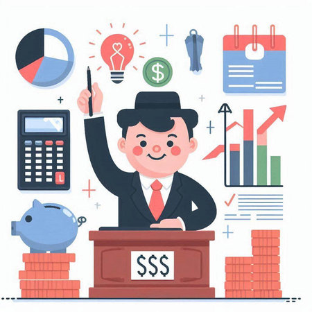 Businessman in a podium with a lot of business icons. Vector flat illustrationのイラスト素材