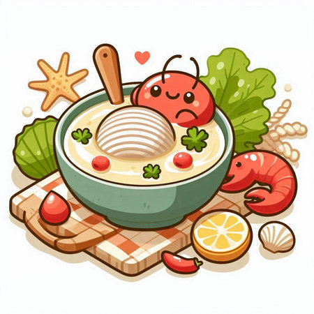 Vector illustration of a bowl of crab soup with shrimp, lemon and shellのイラスト素材