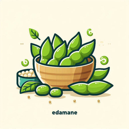 Vector illustration of green soybeans in a wooden bowl with green leaves.のイラスト素材