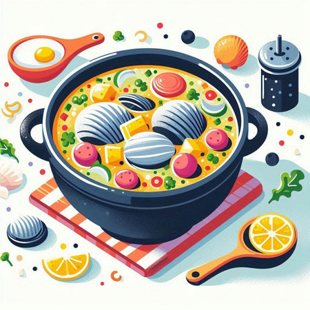 Illustration of a casserole with fish, eggs and vegetablesのイラスト素材