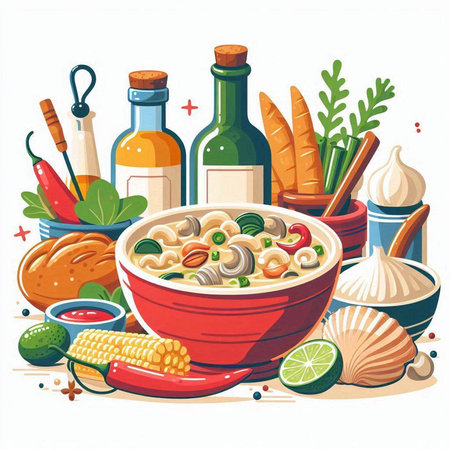 Vector illustration of a bowl of noodle soup with ingredients for cookingのイラスト素材