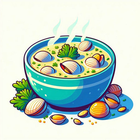 Bowl of soup with clams and parsley, vector illustrationのイラスト素材