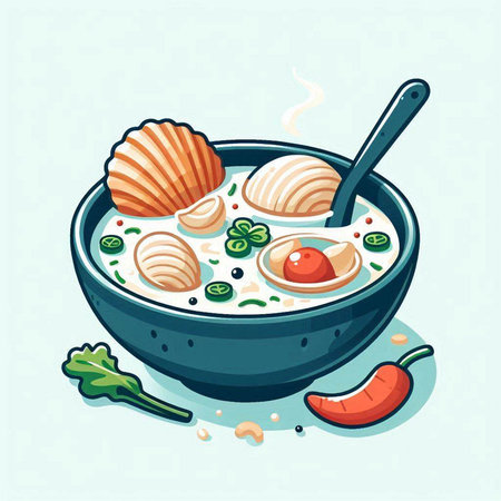 Seafood soup in bowl. Vector illustration in cartoon style.のイラスト素材