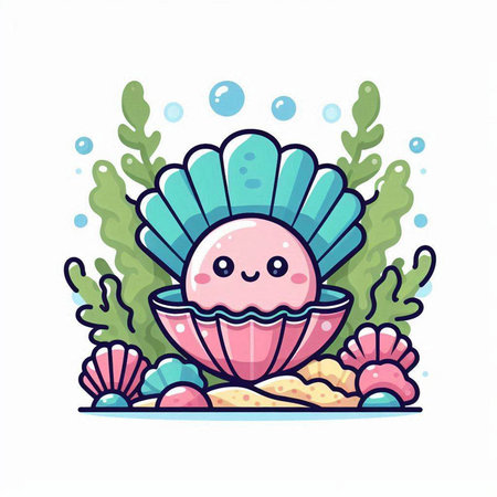 Cute cartoon seashell on a coral reef. Vector illustration.のイラスト素材