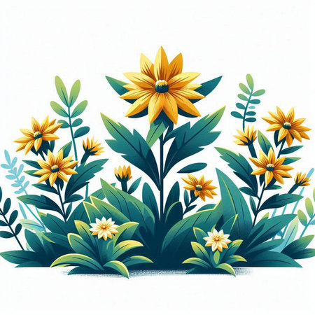 Vector illustration of a floral background with yellow flowers and green leaves.のイラスト素材