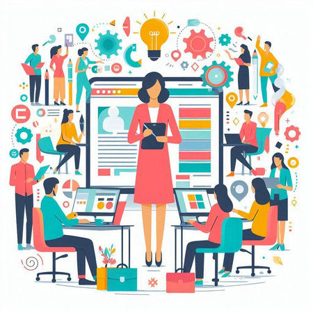 Vector illustration of business people working together in office. Teamwork conceptのイラスト素材