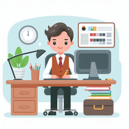 Businessman sitting at his desk in office. Vector illustration in cartoon style.のイラスト素材
