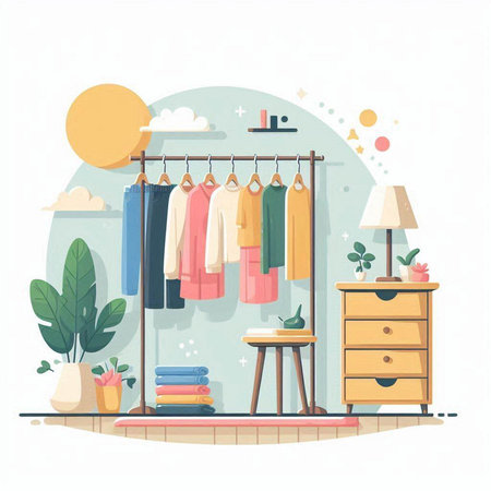 Wardrobe with clothes and accessories. Vector illustration in flat style.のイラスト素材