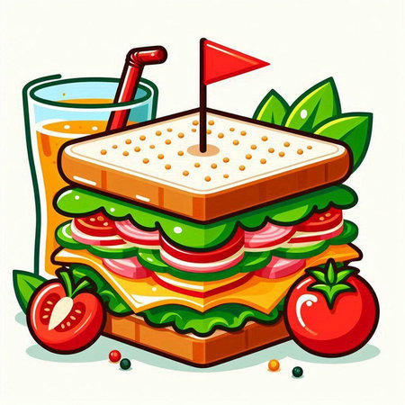 Sandwich with tomato juice and vegetables. Vector illustration of fast food.のイラスト素材