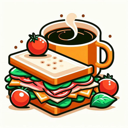 Vector illustration of a sandwich with a cup of coffee on a white backgroundのイラスト素材