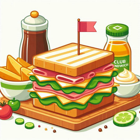 Sandwich with french fries and sauce on a white background. Vector illustrationのイラスト素材
