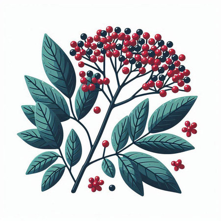 Autumn branch with red berries and green leaves. Vector illustration.のイラスト素材