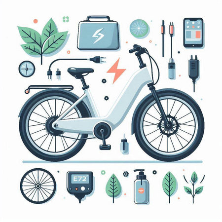 Vector illustration of bicycle, electric scooter, charging station, battery charger.のイラスト素材