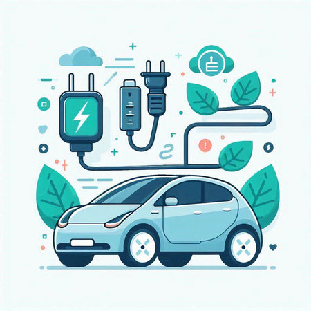 Electric car charging station. Renewable eco technologies. Vector illustration.のイラスト素材