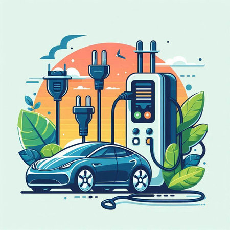 Electric car charging station. Electric vehicle charging station. Vector illustration.のイラスト素材