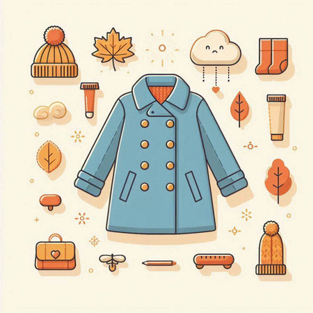 Autumn clothes and accessories icons set. Vector illustration in flat styleのイラスト素材