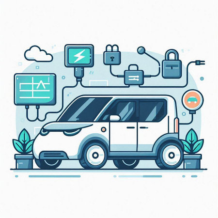 Flat line design concept of electric car. Modern vector illustration.のイラスト素材