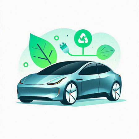 Concept of eco car with green leaves and electric plug. Vector illustration.のイラスト素材