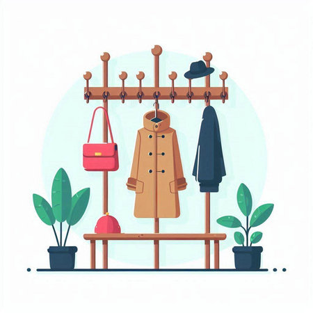 Fashionable winter coat and bag on hanger. Flat vector illustration.のイラスト素材