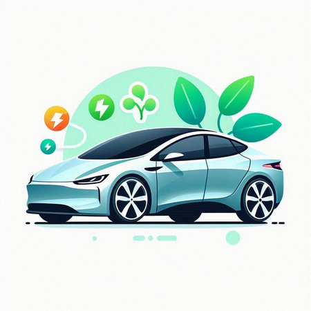 Electric car and green leaves on white background. Vector illustration. Eps 10のイラスト素材