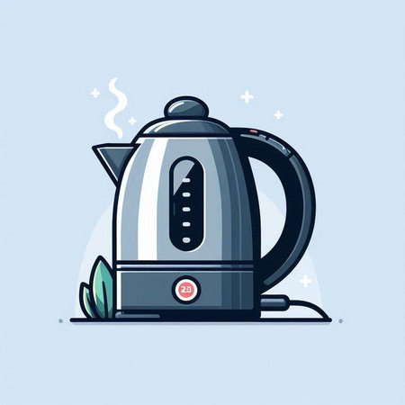 Electric kettle. Vector illustration in a flat style on a blue background.のイラスト素材