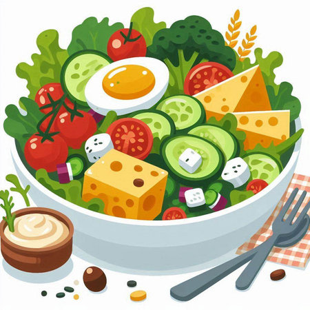 Salad with cheese, tomato, cucumber and feta. Vector illustration.のイラスト素材