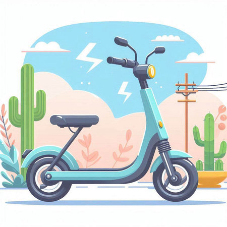 Electric scooter on the road in the desert. Vector illustration.のイラスト素材