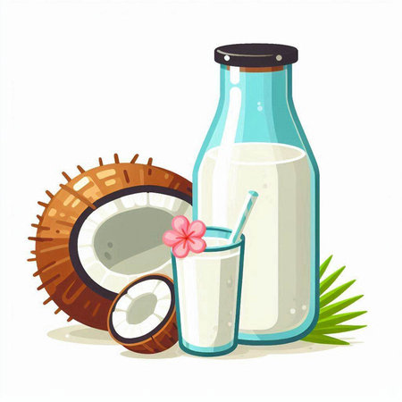 Coconut milk in a bottle and a glass. Vector illustration.のイラスト素材