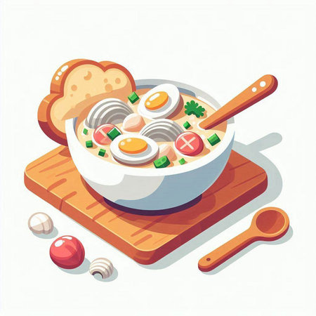 Illustration of soup in a bowl with eggs and bread on wooden boardのイラスト素材