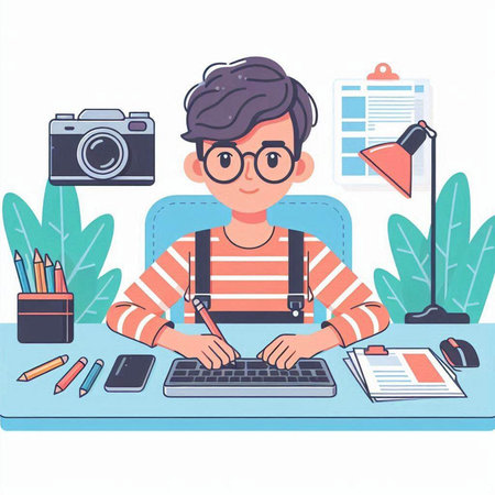 Young man working on computer at home office. Freelance concept. Vector illustration in cartoon style.のイラスト素材