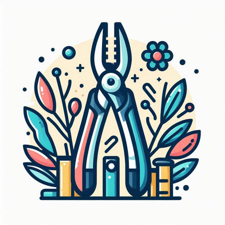 Pliers with flowers and plants. Vector illustration in linear style.のイラスト素材
