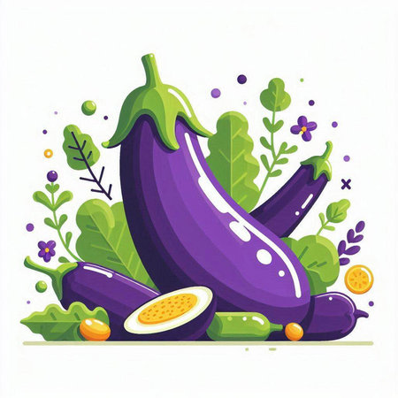 Eggplant with leaves and fruits. Vector illustration of healthy food.のイラスト素材