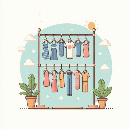 Clothes hanging on a hanger. Vector illustration in flat style.のイラスト素材
