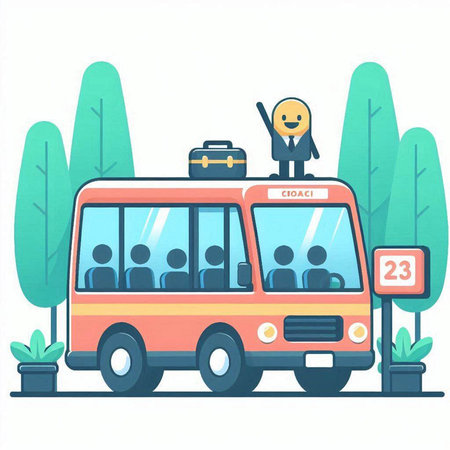 Vector illustration of a bus with people on it. Flat design.のイラスト素材