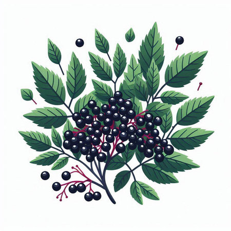 Bunch of black elderberry with leaves and berries. Vector illustration.のイラスト素材