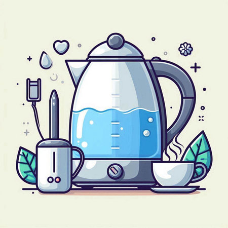 Vector illustration of electric kettle and cup with tea. Flat line art style.のイラスト素材
