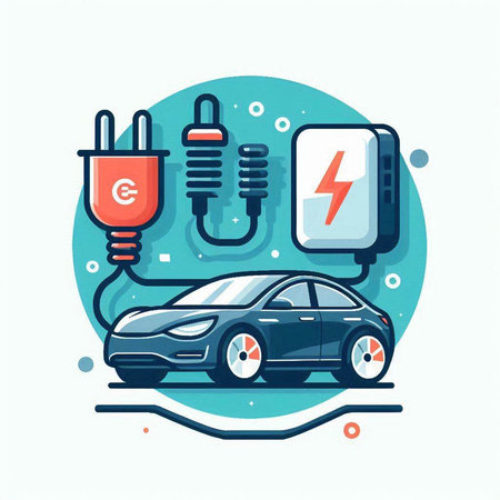 Electric car and electrical cable. Vector illustration in a flat style.のイラスト素材