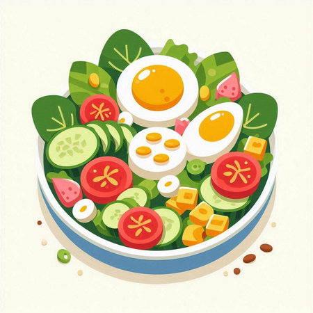 Vegetable salad with egg and cucumber in bowl. Vector illustration.のイラスト素材