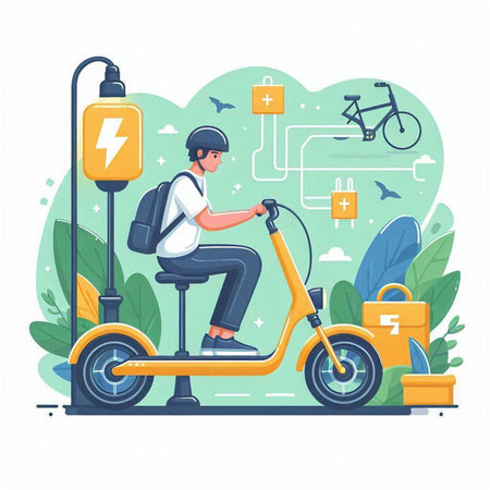 Young man riding electric scooter. Vector illustration in flat style.のイラスト素材