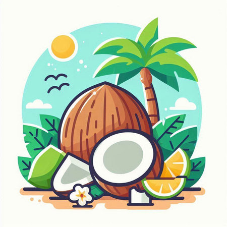 Coconut vector illustration, flat design. Coconut fruit on the beach.のイラスト素材