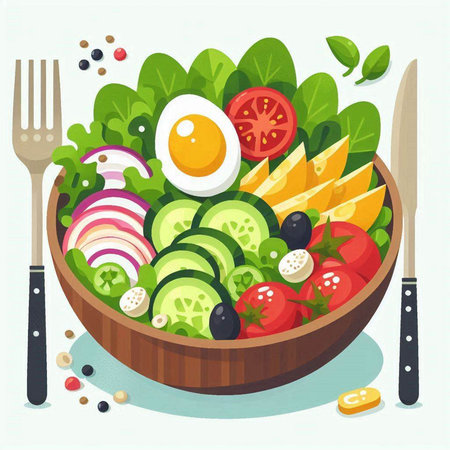 Healthy vegetable salad in wooden bowl with fork and knife. Vector illustration.のイラスト素材