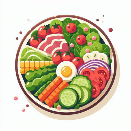 Salad bowl with vegetables and meat isolated on white background. Vector illustration.のイラスト素材