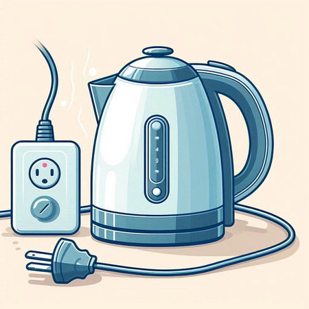 Electric kettle with cable and socket. Vector illustration in cartoon style.のイラスト素材