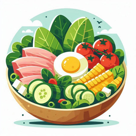 Vector illustration of salad bowl with vegetables and meat in cartoon style.のイラスト素材