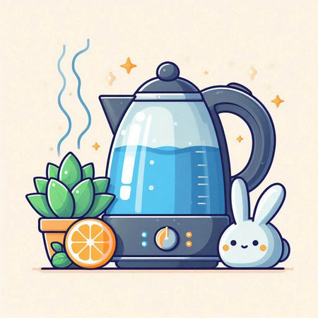 Vector illustration of electric kettle with a cup of tea, orange and rabbitのイラスト素材