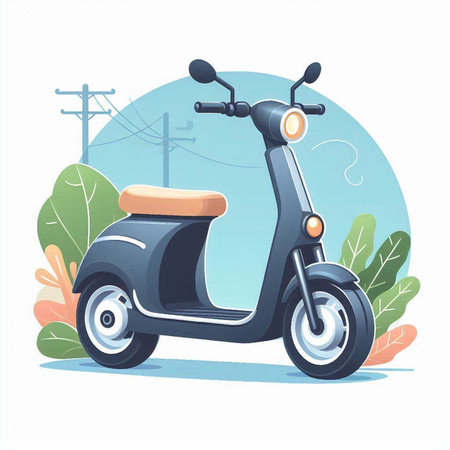 Vintage scooter on the street. Vector illustration in flat styleのイラスト素材