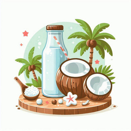 Coconut milk in a bottle and coconut on a wooden board. Vector illustration.のイラスト素材